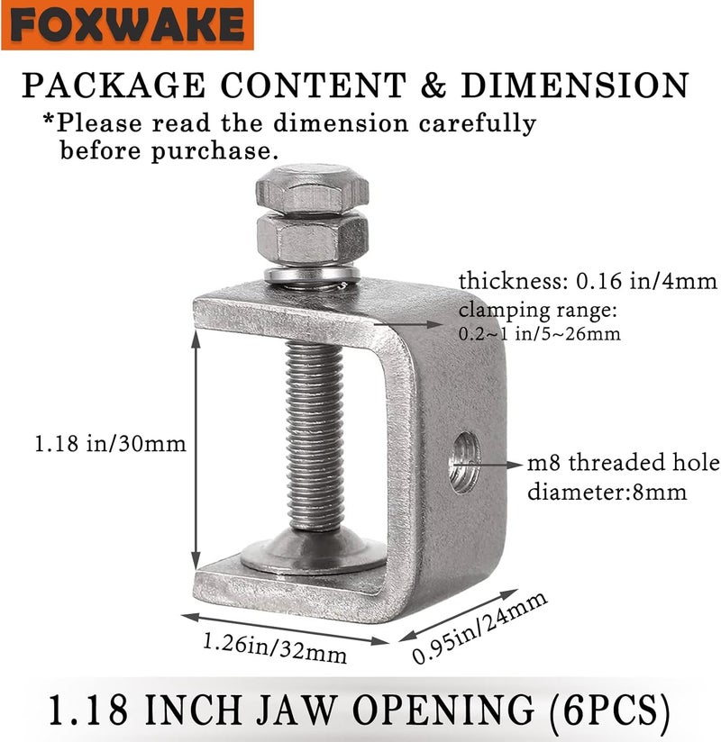 foxwake Stainless Steel C Clamps Mini 1 Inch for Mounting, Heavy Duty Metal U Clamps for Metal Working, Small Desk Clamp with Stable Wide Jaw Opening & Protective Pads/I-Beam Design (2pcs) - Image 2